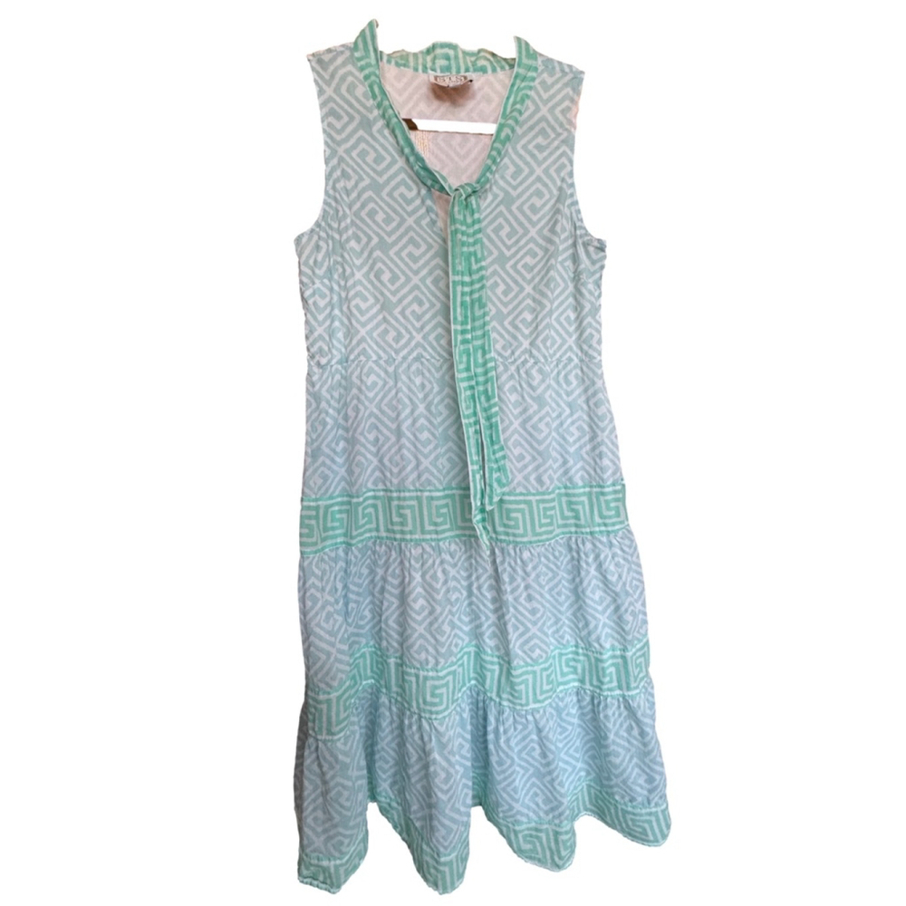 Sail to Sable Sleeveless Aqua & White Shift Dress | Size M | Greek Key Print